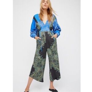 Free People Blooming Fields blue green paisley jumpsuit XS